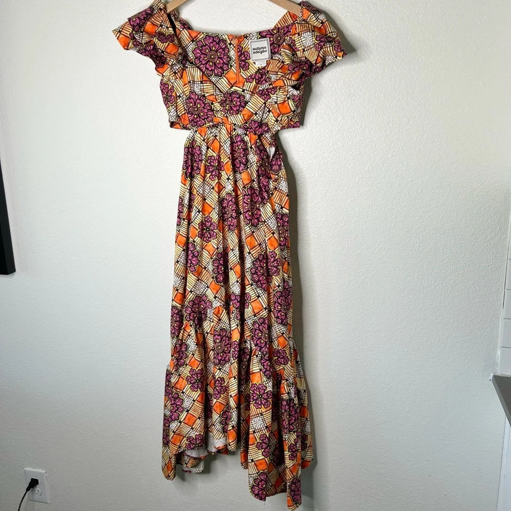 Autumn Adeigbo Cut Out Midi Chioma Ruffle Dress in Orange Base African Floral - Picture 8 of 11